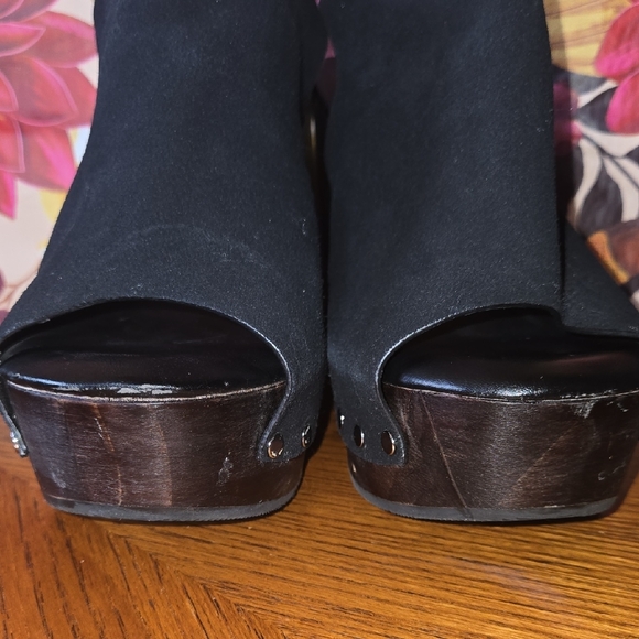 Torrid Black Suede Wedges with Brown Wooden Heel - Picture 5 of 14